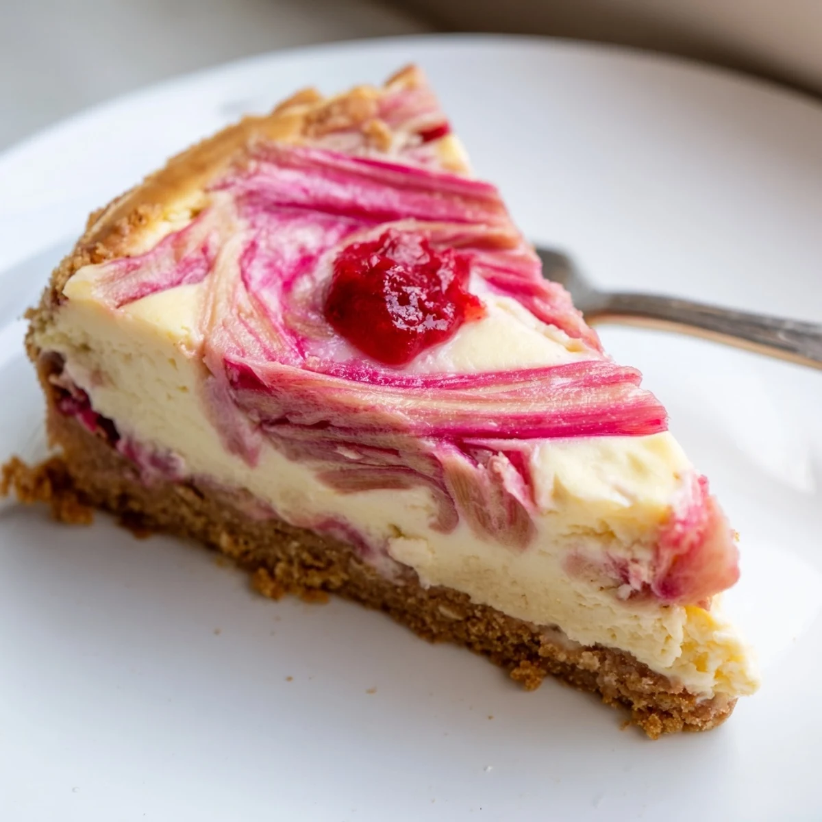 Slice of keto rhubarb cheesecake topped with fresh chopped rhubarb and whipped cream