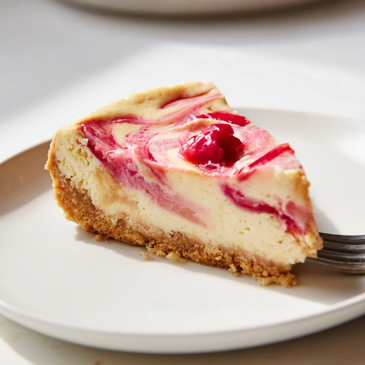 Smooth keto rhubarb cheesecake showing elegant marbled compote swirl in a springform pan