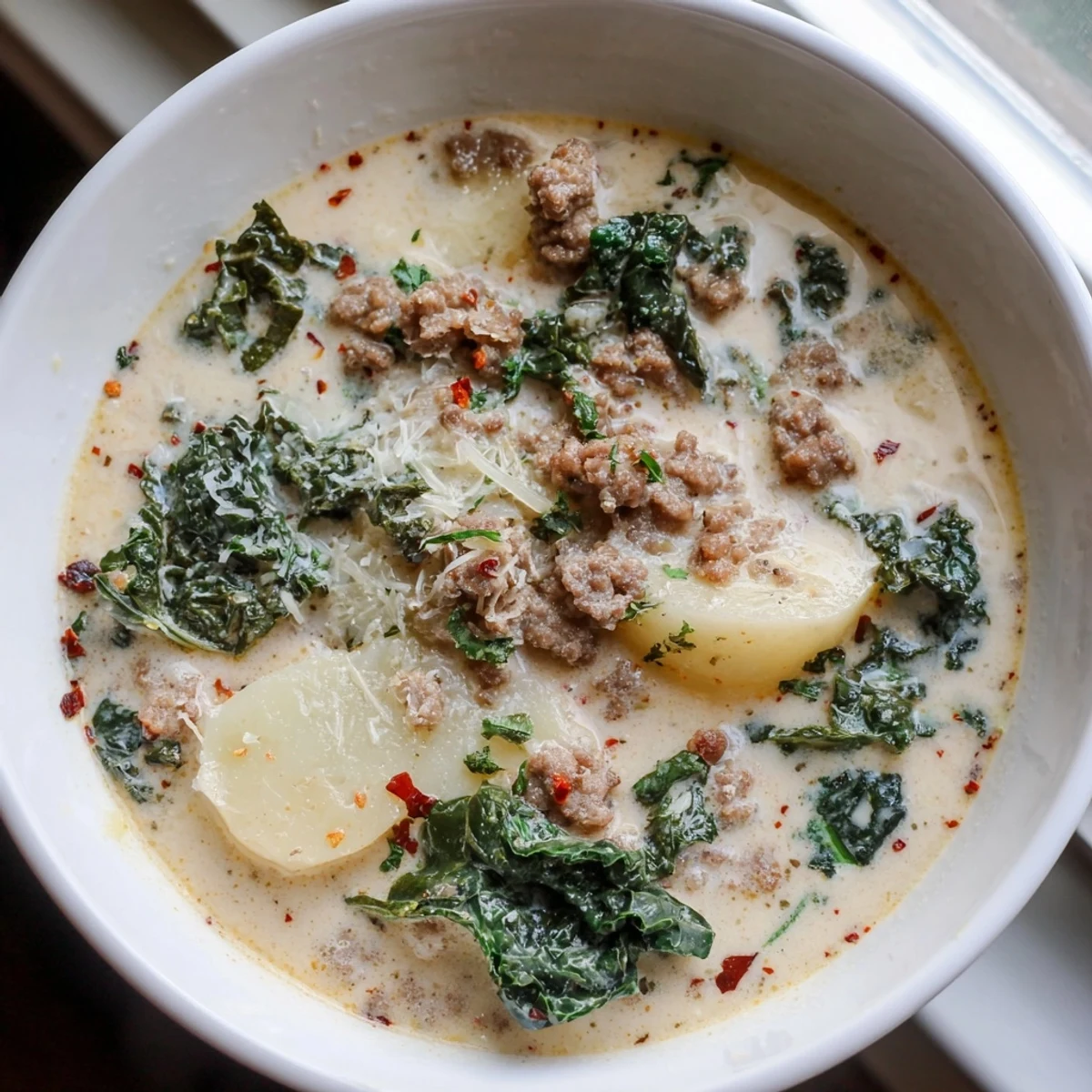Creamy Zuppa Toscana soup ladled into a bowl with kale and sausage