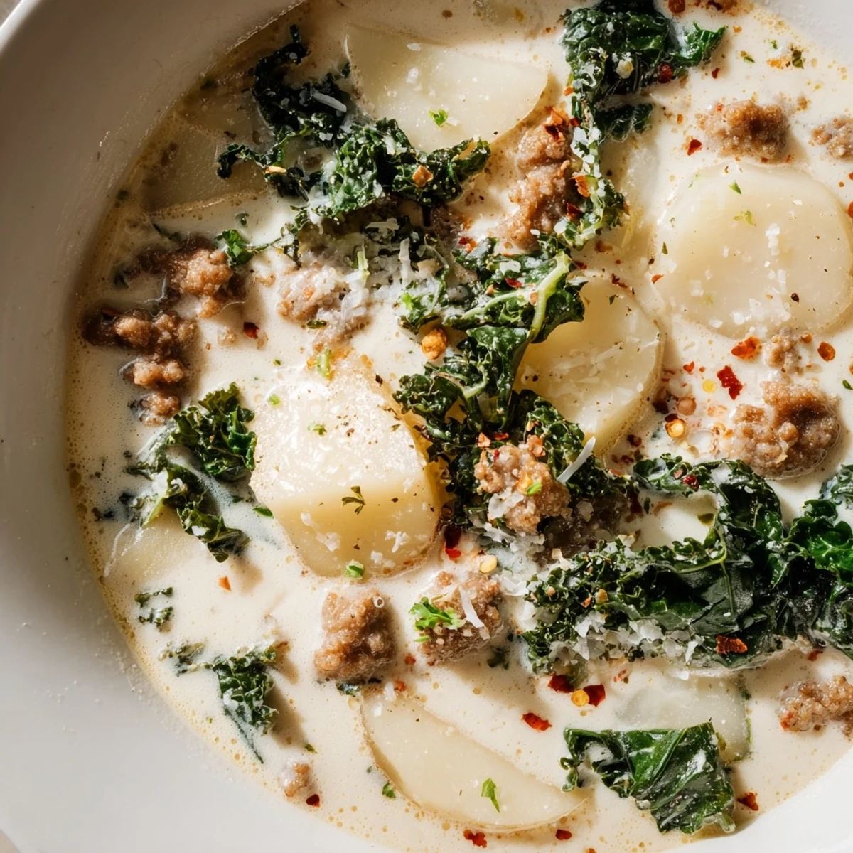 Steaming bowl of Zuppa Toscana topped with Parmesan and fresh parsley