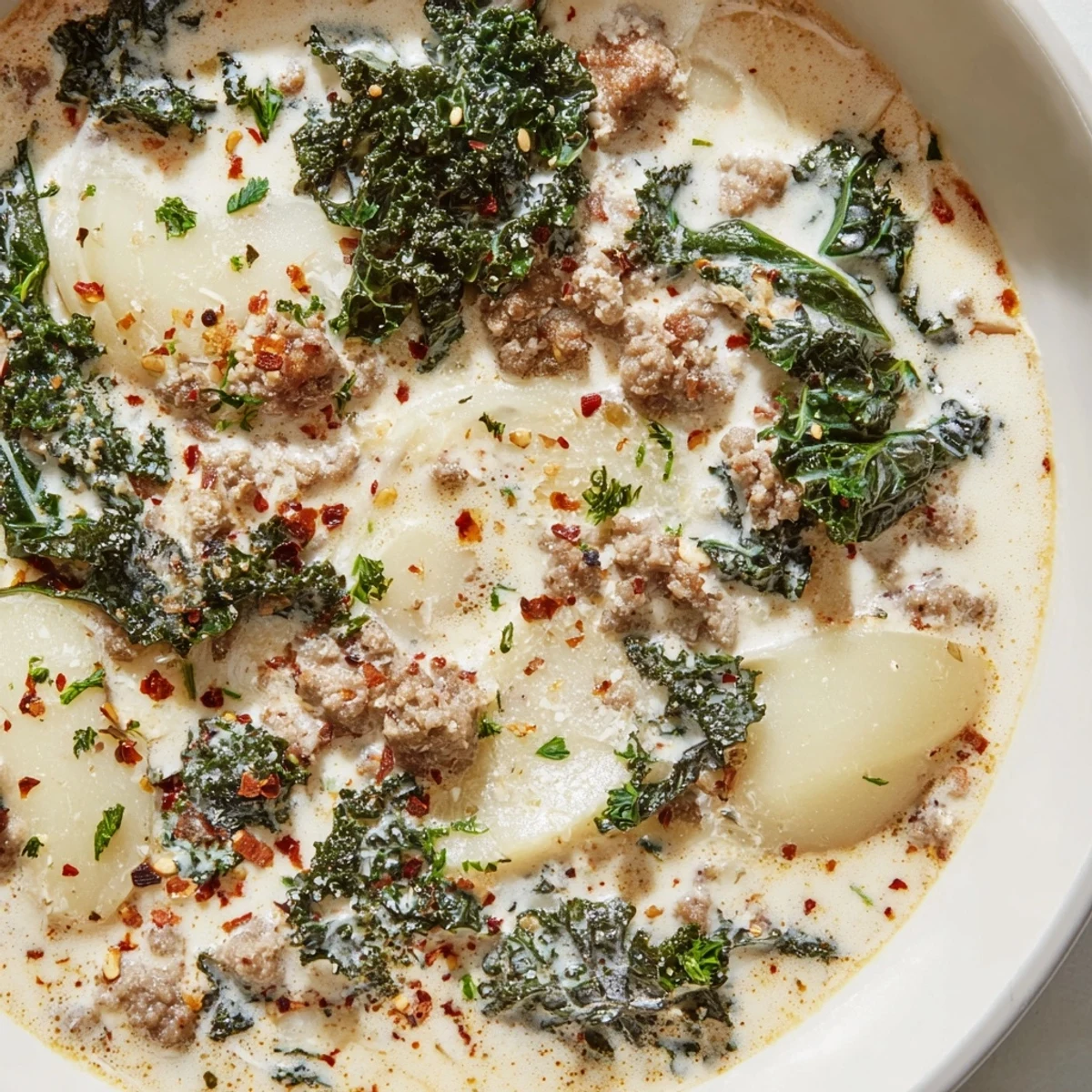 Hearty Zuppa Toscana with tender potatoes, crumbled sausage, and velvety cream broth