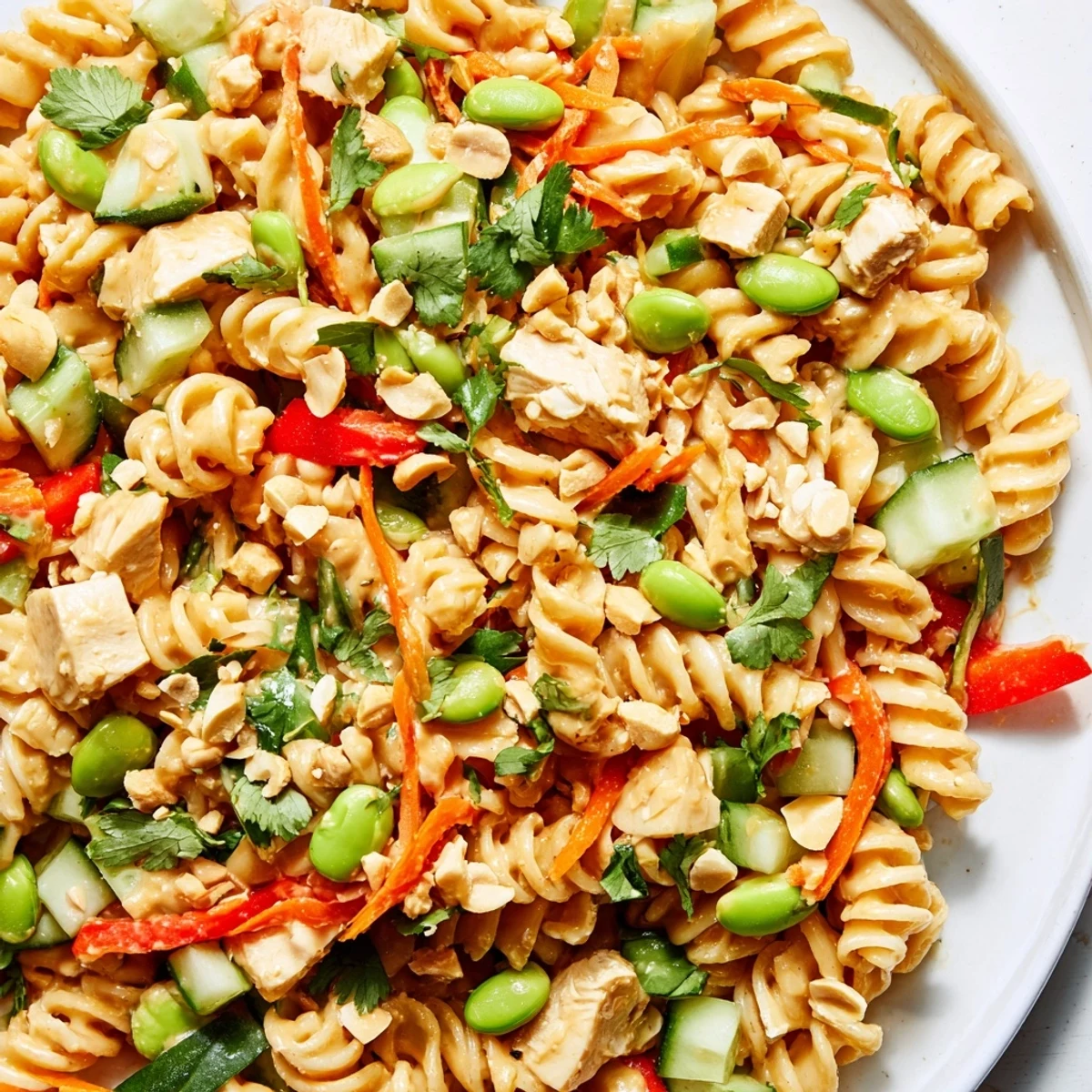 Colorful protein packed Thai pasta salad tossed in creamy peanut dressing with fresh vegetables