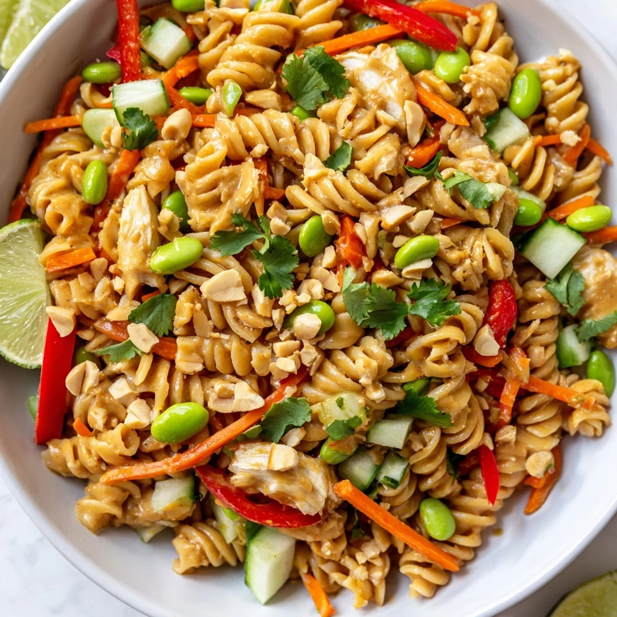 Protein packed Thai pasta salad served in bowls topped with crushed peanuts and lime wedges