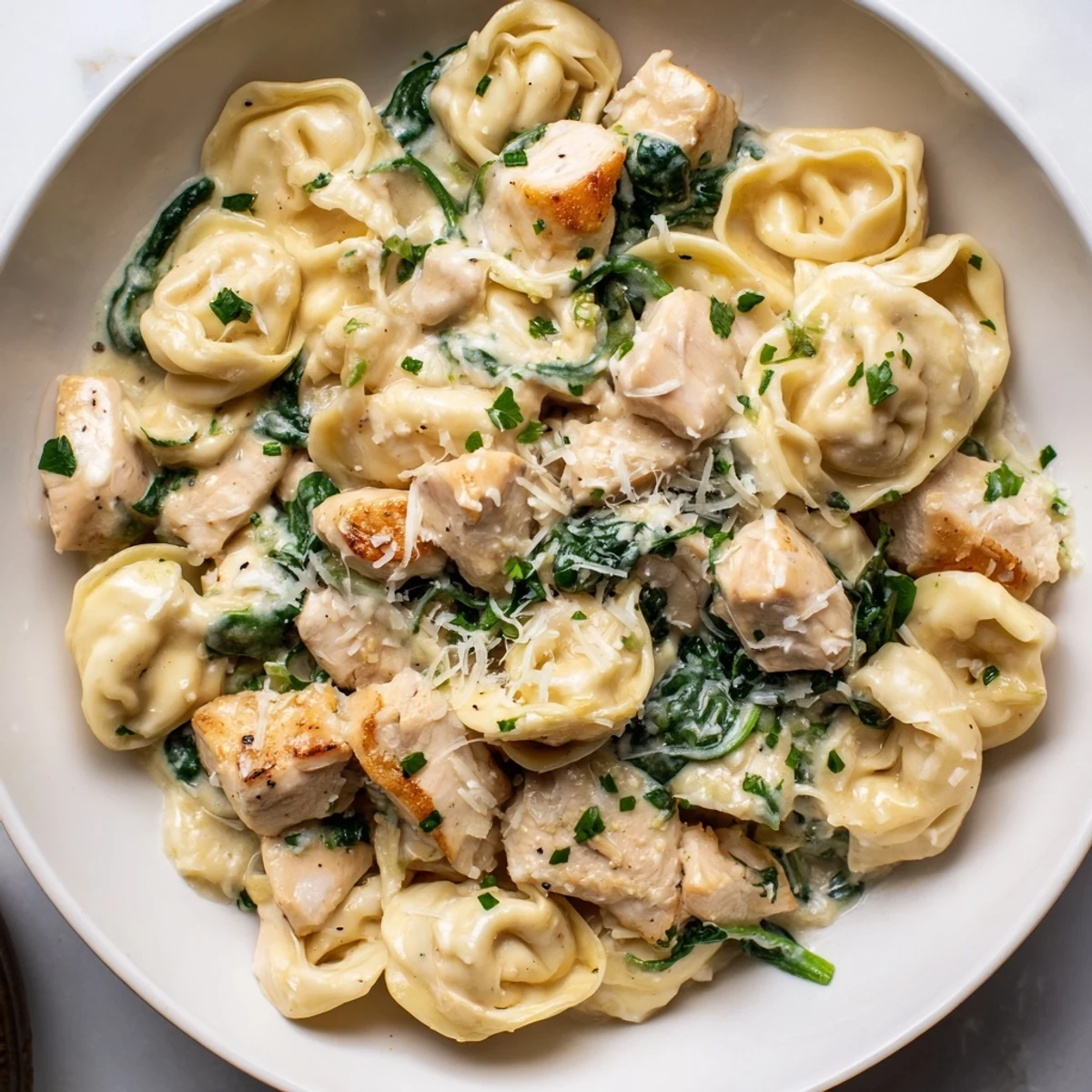 Creamy garlic chicken tortellini with spinach tossed in a silky parmesan sauce
