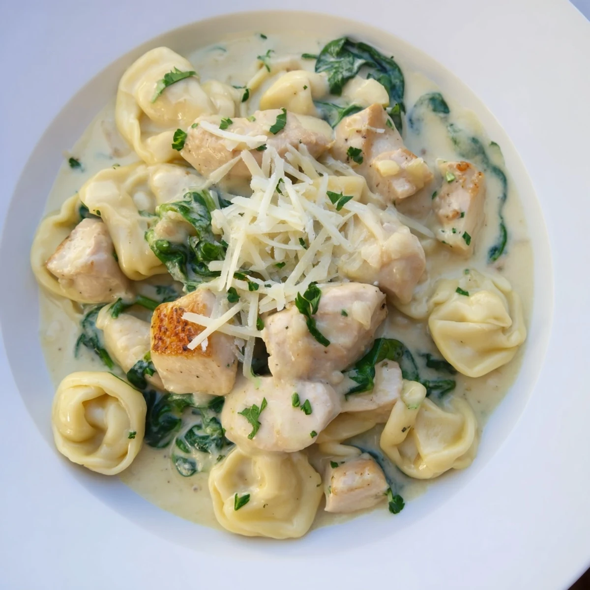Steaming bowl of creamy garlic chicken tortellini with spinach topped with fresh parsley