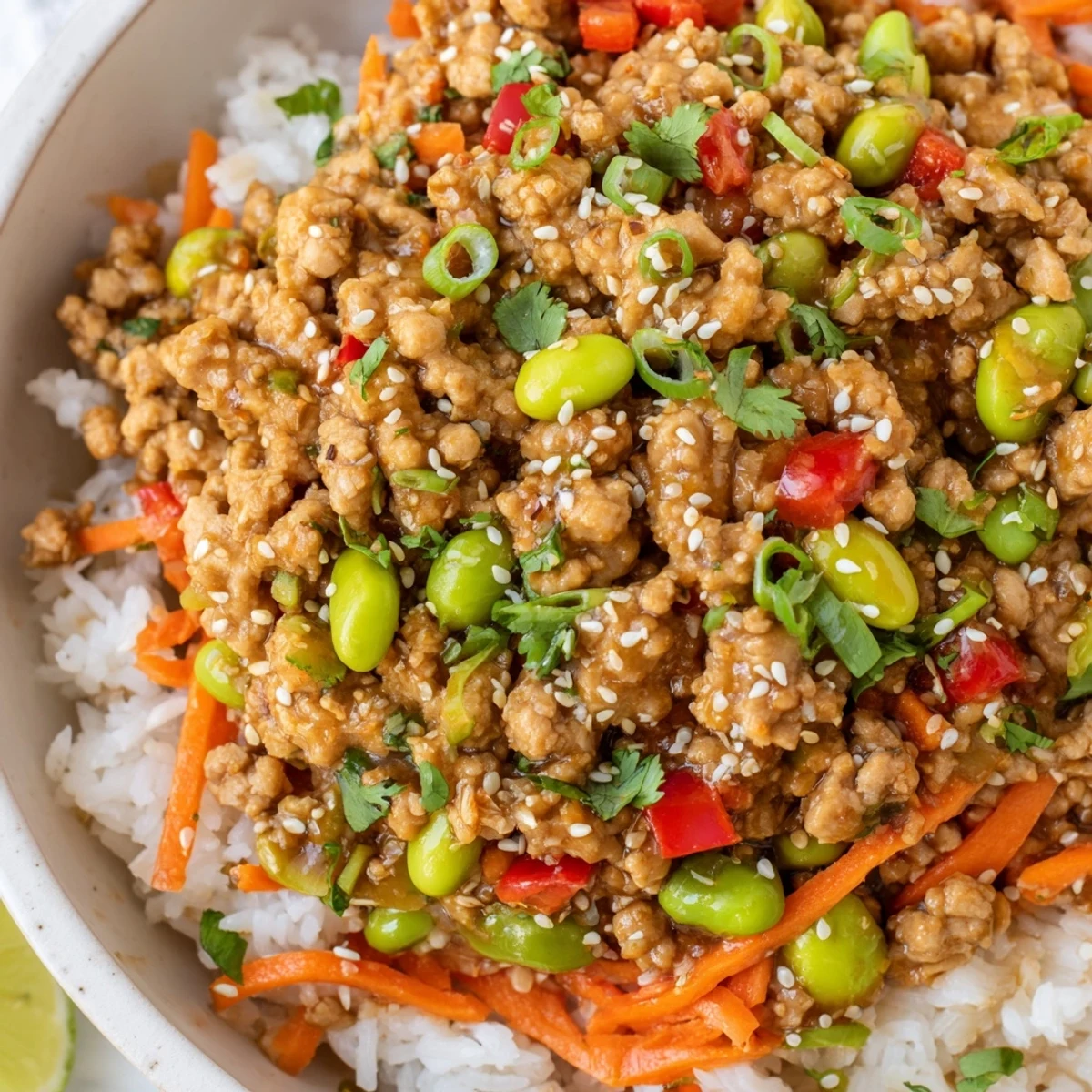 Hearty ground turkey rice bowls topped with sesame seeds, cilantro, and fresh lime wedges