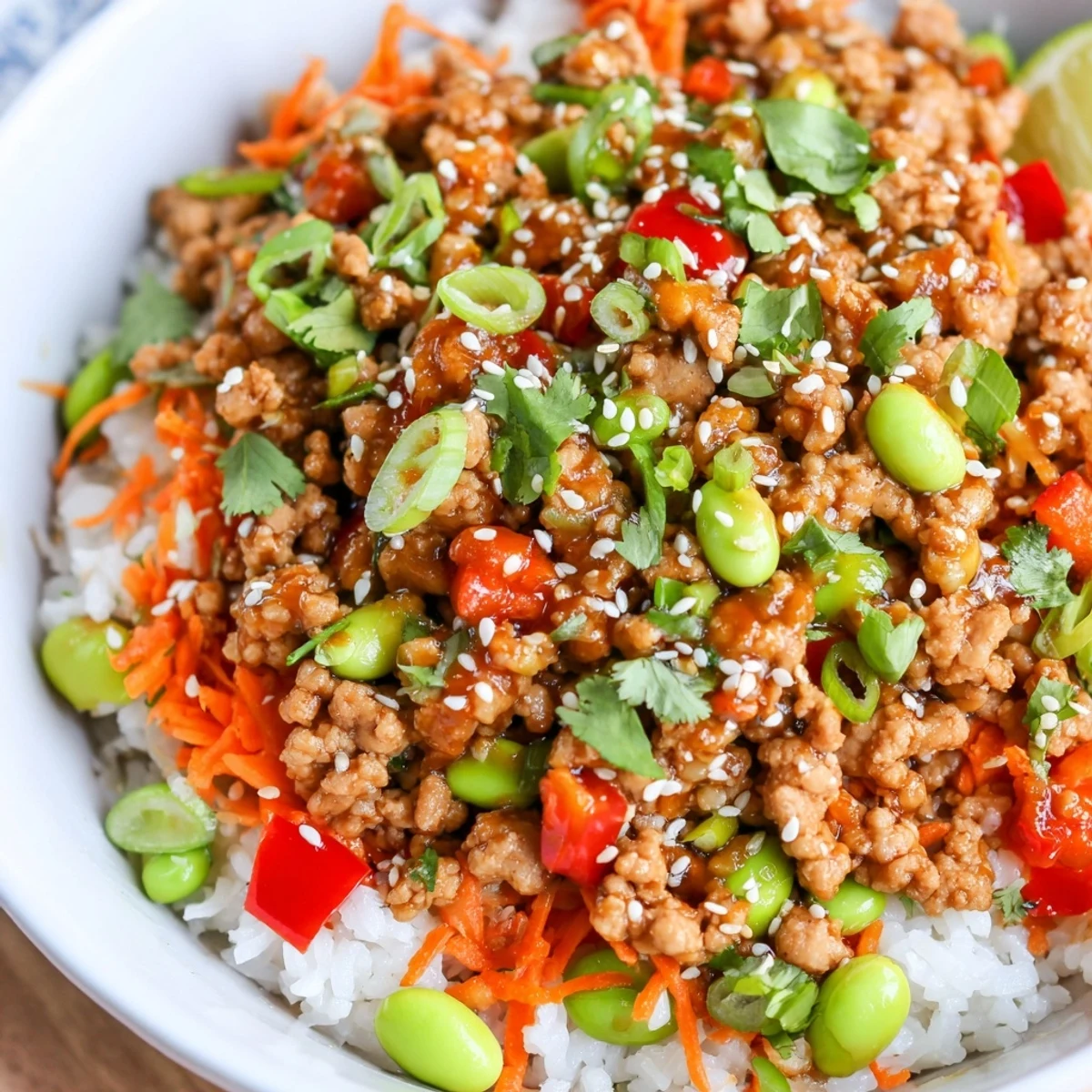 Steaming ground turkey rice bowls drizzled with savory soy ginger sauce and crisp green onions
