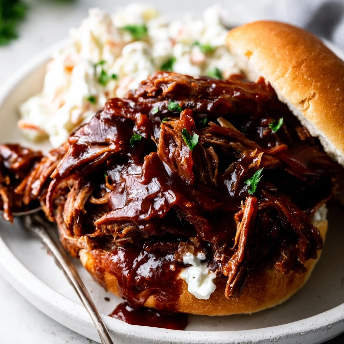 Tender slow cooker BBQ pulled beef coated in glossy, tangy-sweet sauce ready for serving