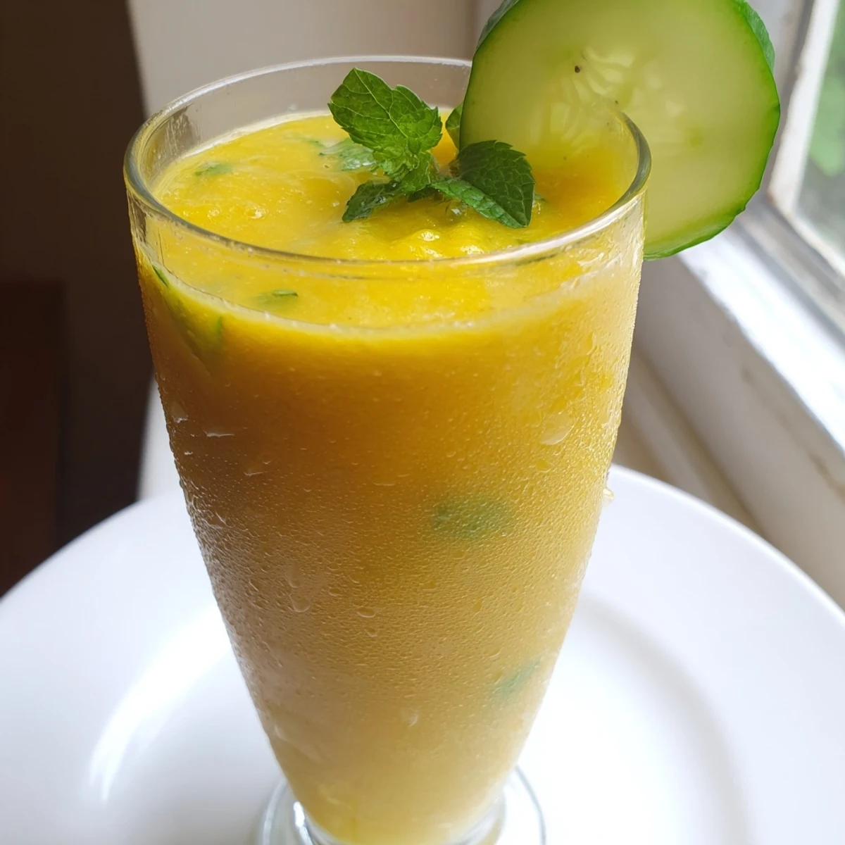 Tall glass of mango cucumber smoothie garnished with fresh mint and a lime wedge