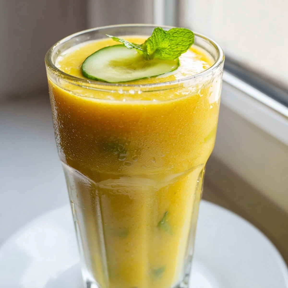 Bright yellow mango cucumber smoothie poured over ice in a mason jar