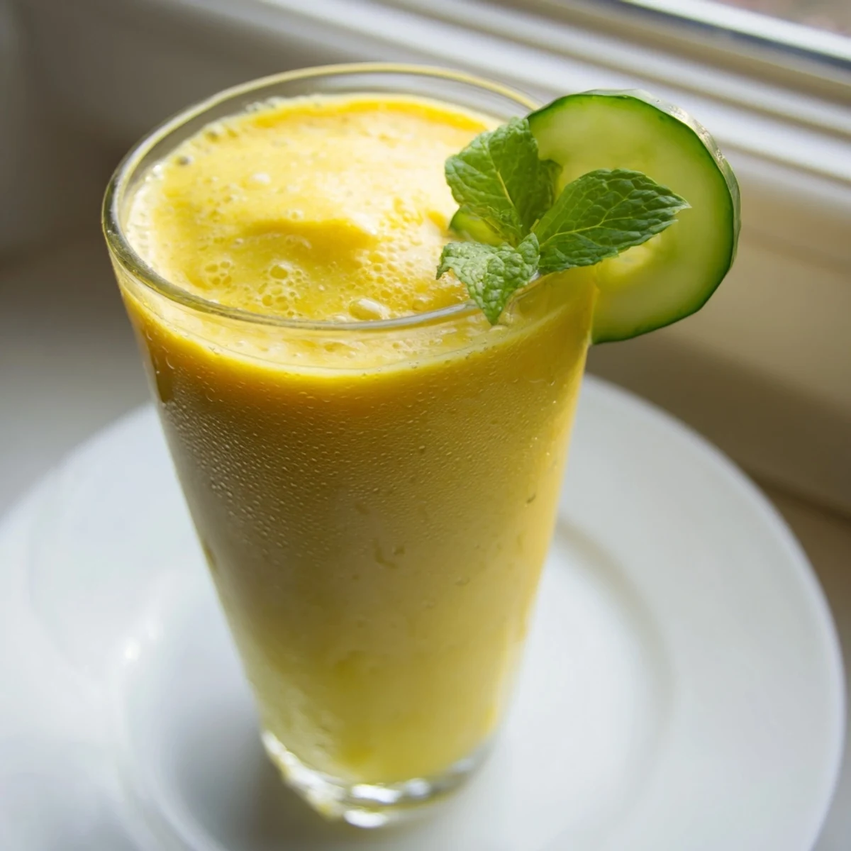 Creamy mango cucumber smoothie topped with cucumber ribbons beside a tropical brunch spread