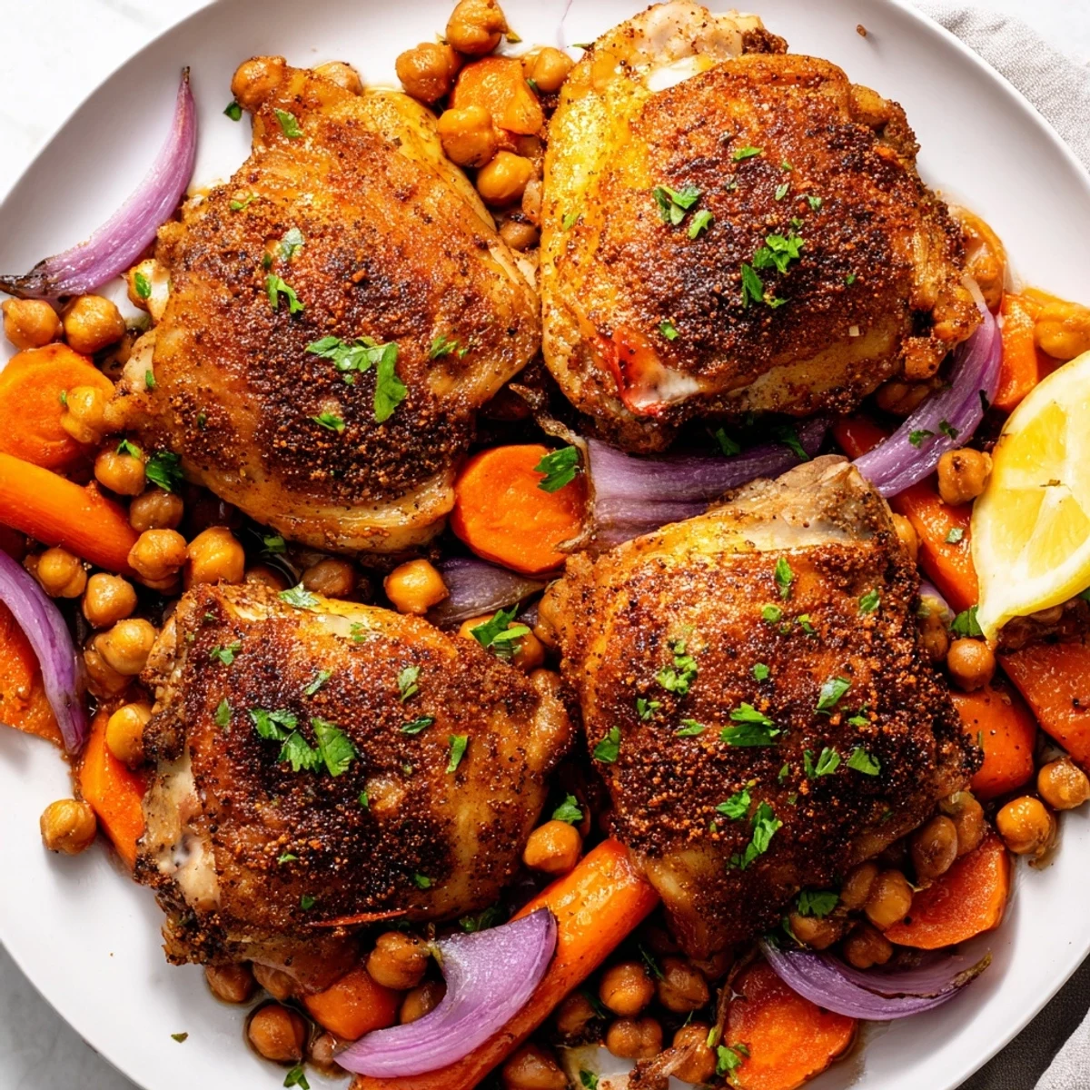 Golden sumac chicken with roasted carrots and chickpeas on a rustic sheet pan