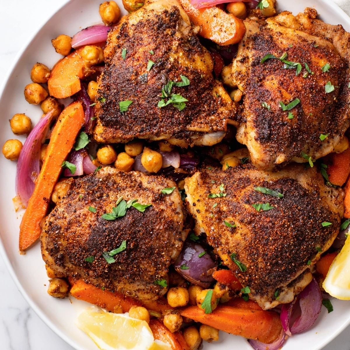 Juicy sumac chicken with carrots and chickpeas garnished with fresh parsley and lemon
