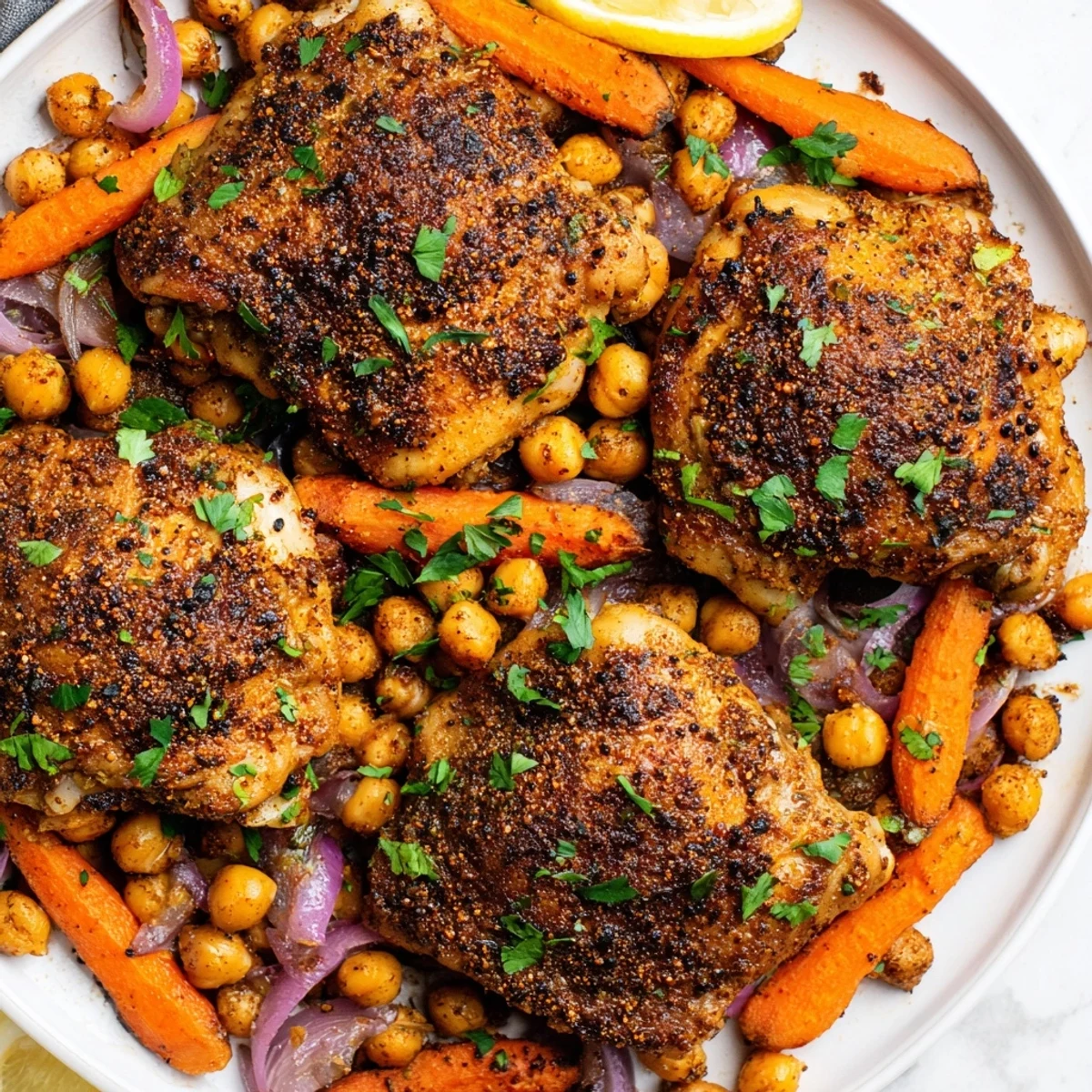 Tender sumac chicken thighs nestled over caramelized carrots and crispy chickpeas