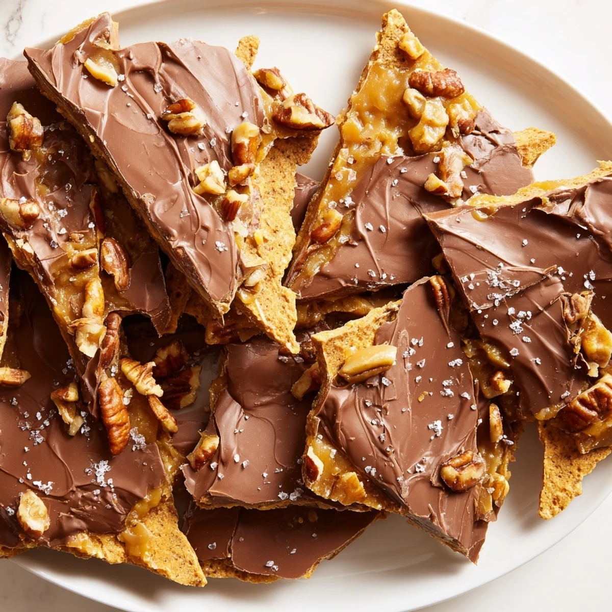 Golden pecan pie bark with buttery caramel and melted chocolate on graham crackers