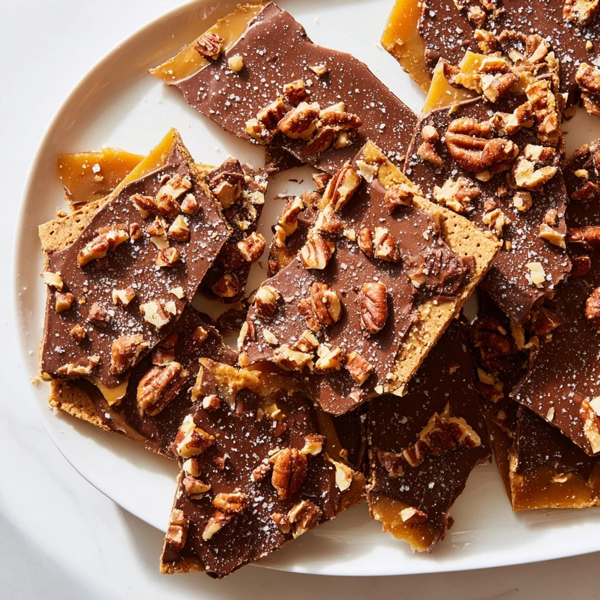 Irresistible pecan pie bark broken into rustic shards of chocolate caramel and toasted pecans
