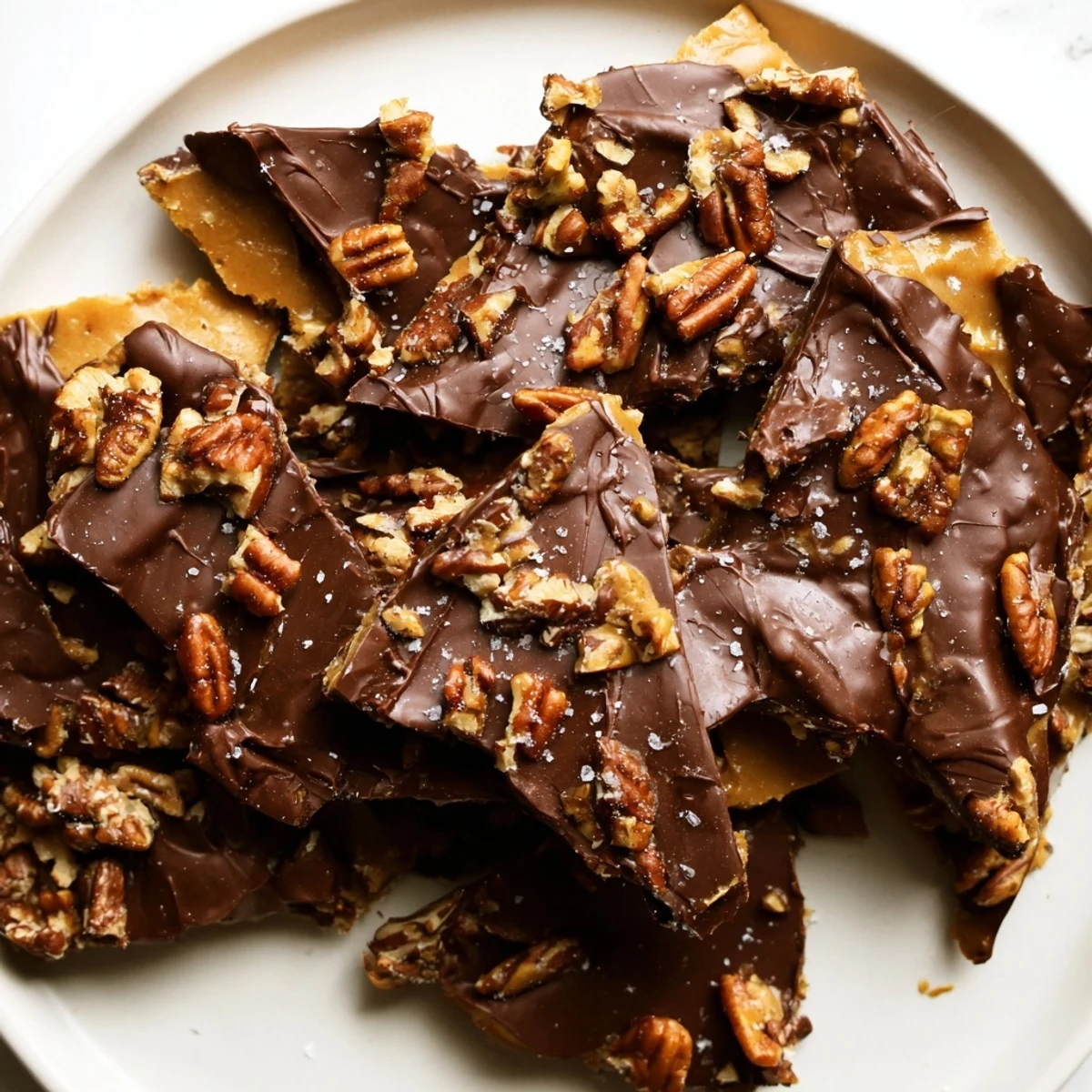 Crunchy pecan pie bark topped with glossy caramel roasted nuts and semisweet chocolate drizzle