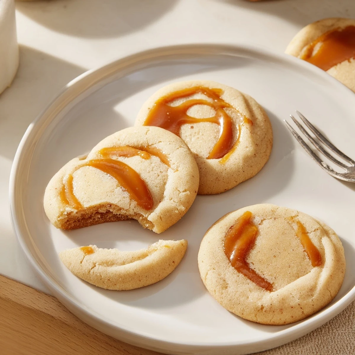 Soft caramel cheesecake cookies with golden edges cooling on a wire rack