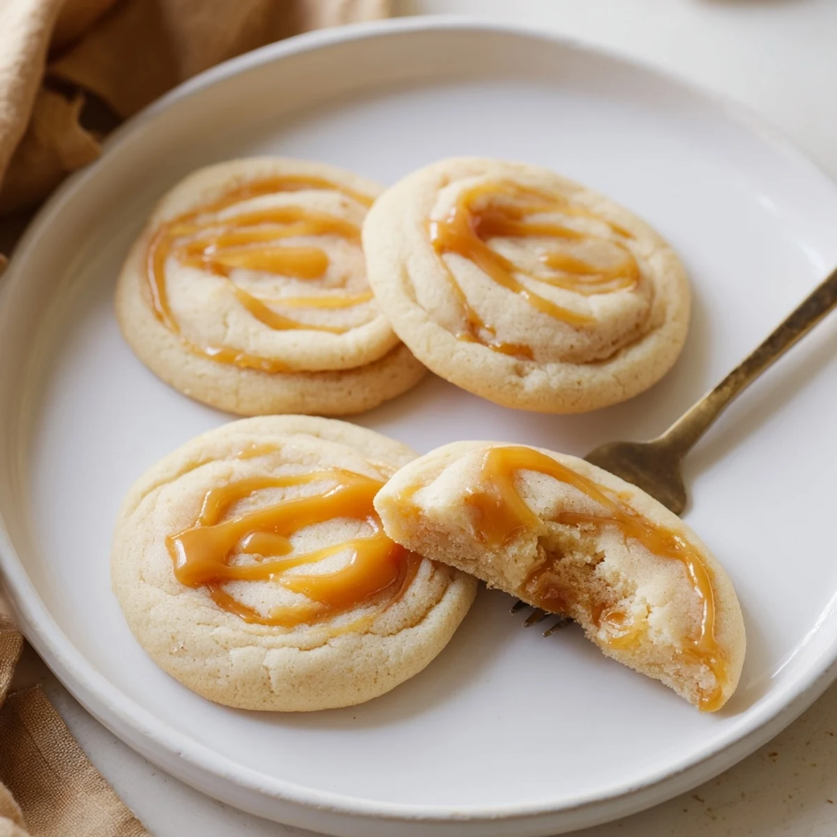 Decadent caramel cheesecake cookies topped with gooey swirls ready for serving