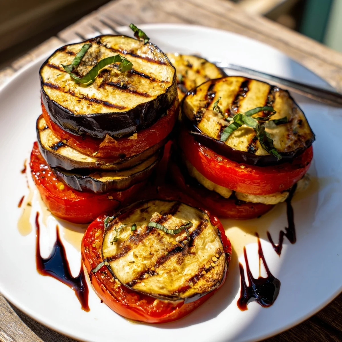 Tender grilled tomato eggplant rounds topped with fragrant garlic and oregano marinade