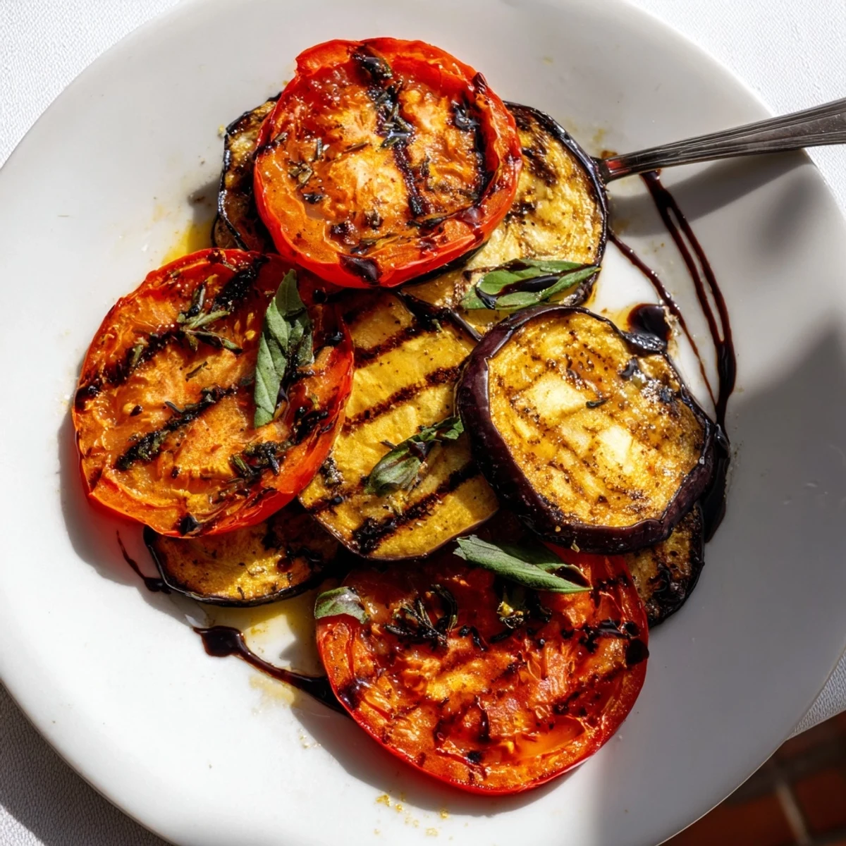 Smoky grilled tomato eggplant slices layered on a rustic serving platter