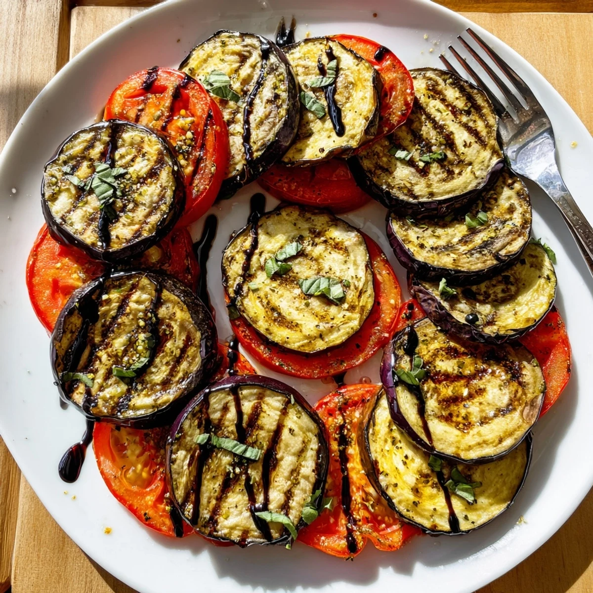 Charred grilled tomato eggplant drizzled with balsamic glaze and fresh basil