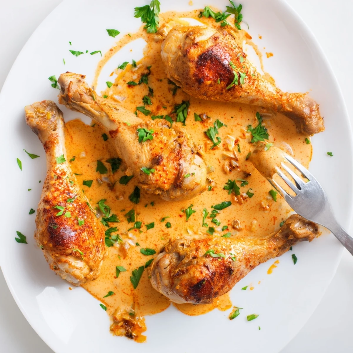 Golden creamy paprika chicken drumsticks glistening in a rich rust-colored sauce with fresh parsley garnish