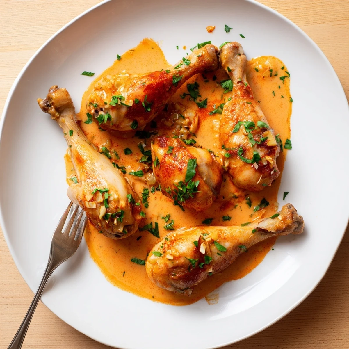 Juicy chicken drumsticks coated in smoky paprika cream sauce served hot from a cast iron skillet