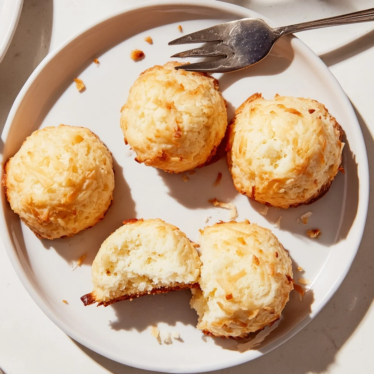 Soft and buttery coconut cookies with golden edges on a parchment-lined baking sheet