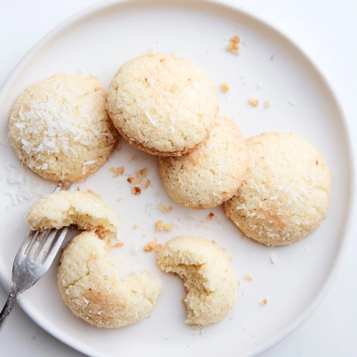 Soft and buttery coconut cookies arranged on a rustic plate for afternoon snacking