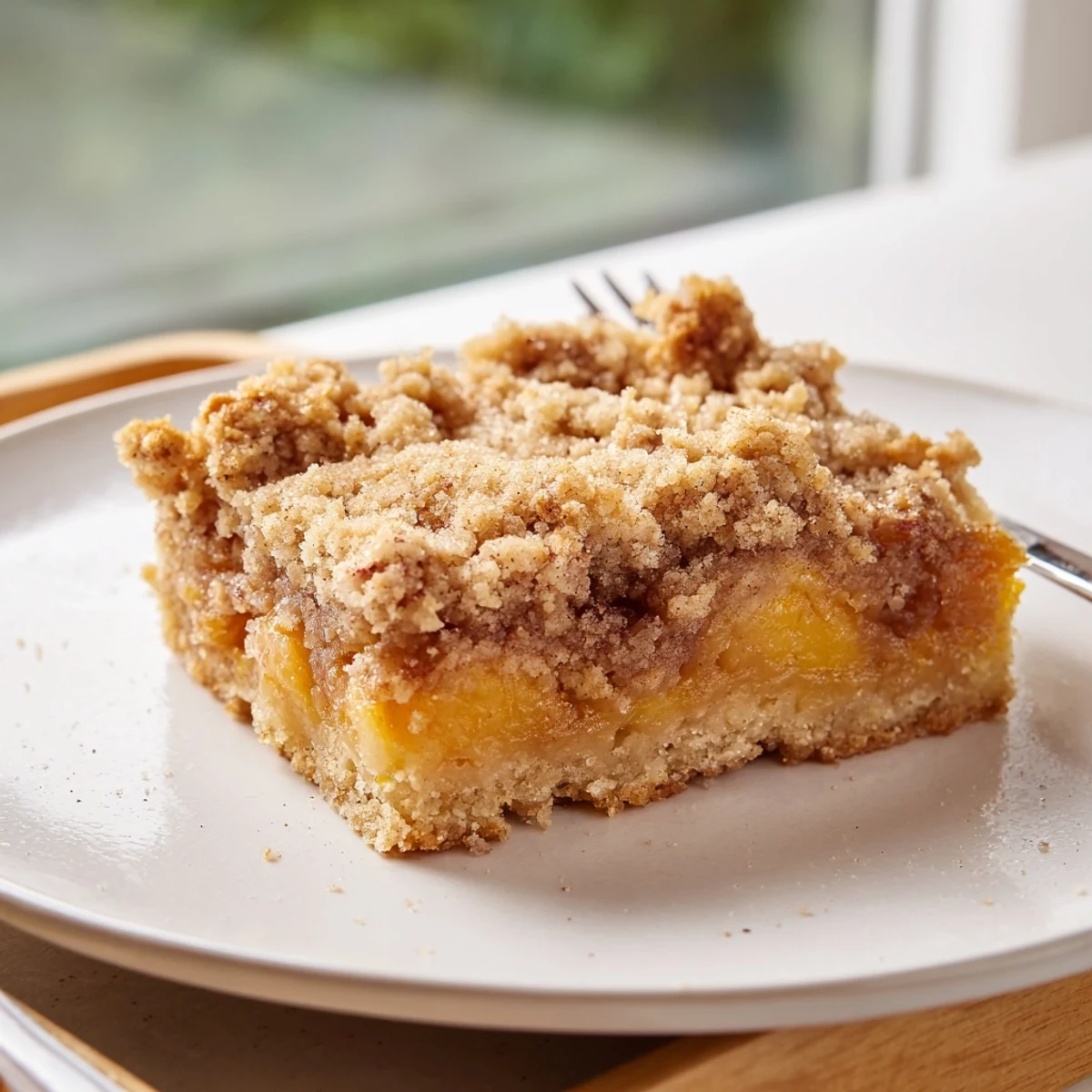 Golden sweet and buttery peach bars with cinnamon streusel on a rustic baking sheet