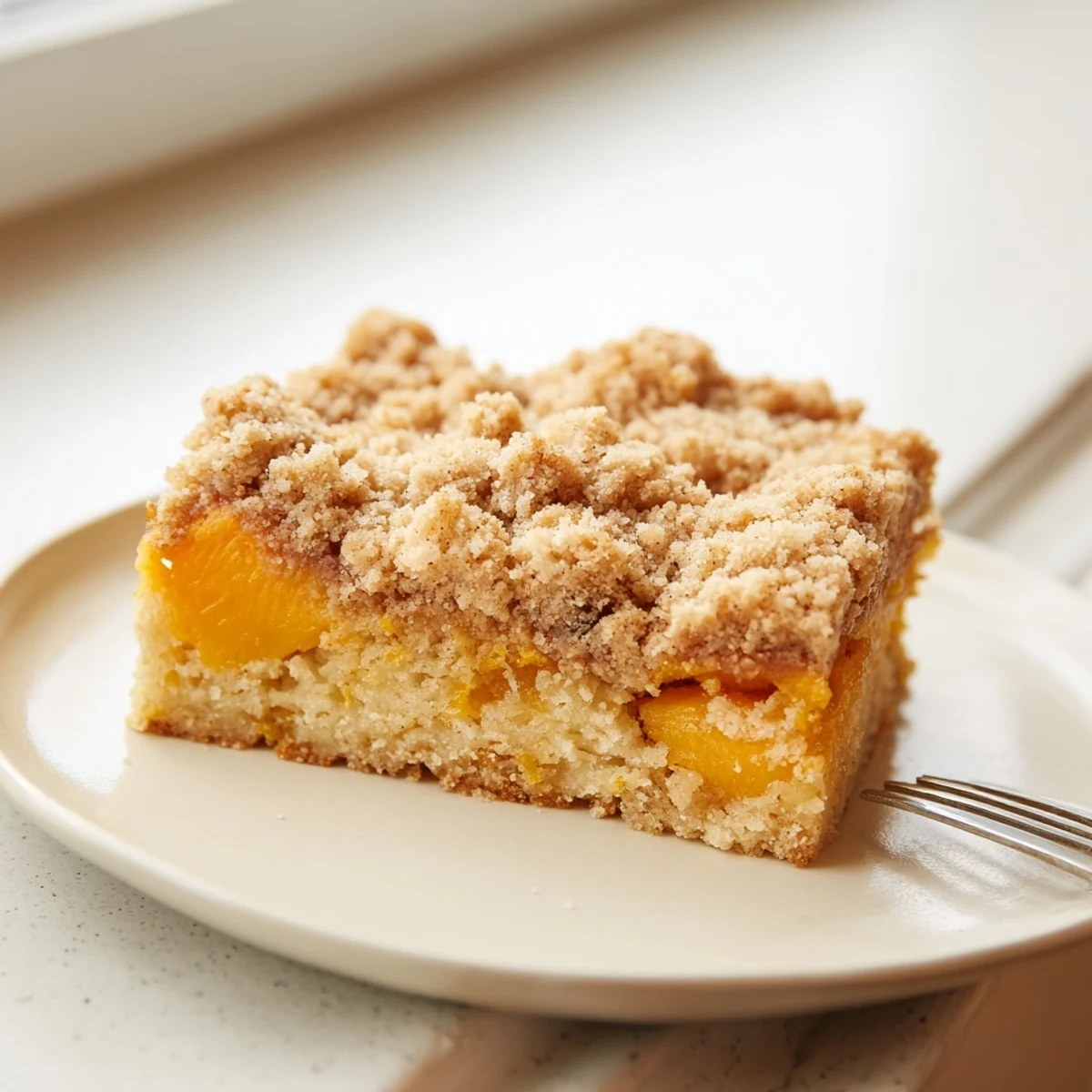 Sweet and buttery peach bars with cinnamon streusel cut into neat squares