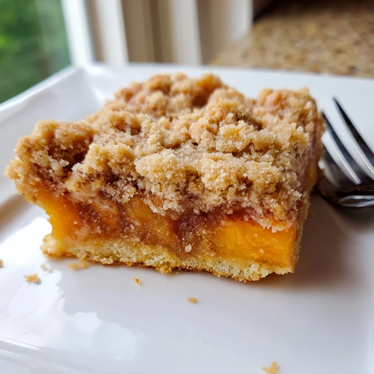 Warm sweet and buttery peach bars with cinnamon streusel topped with vanilla ice cream
