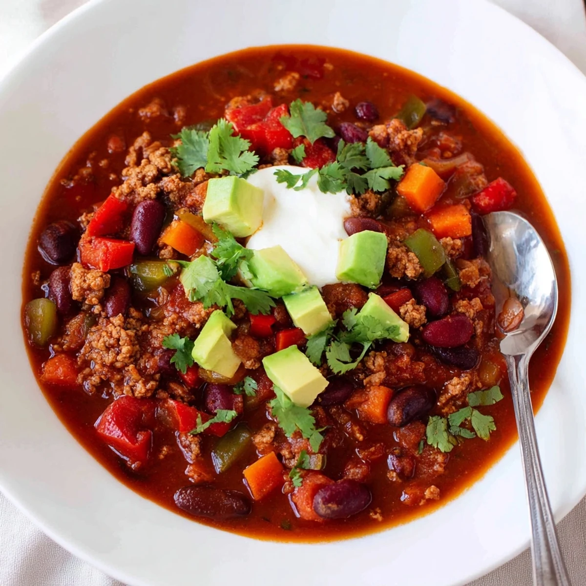 Steaming bowl of diabetic chili topped with fresh avocado and cilantro