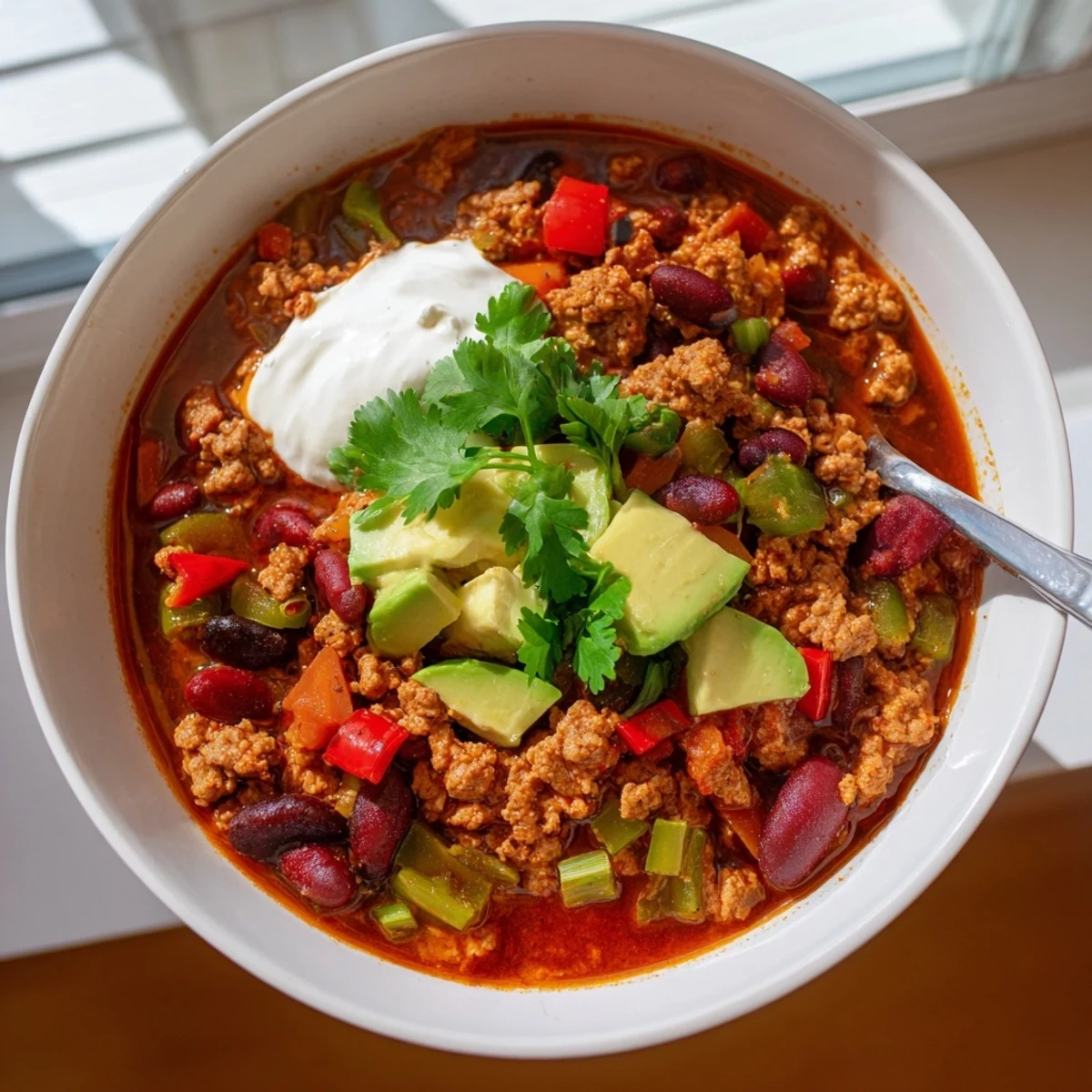Thick diabetic chili simmering in a rustic pot with rich tomato broth