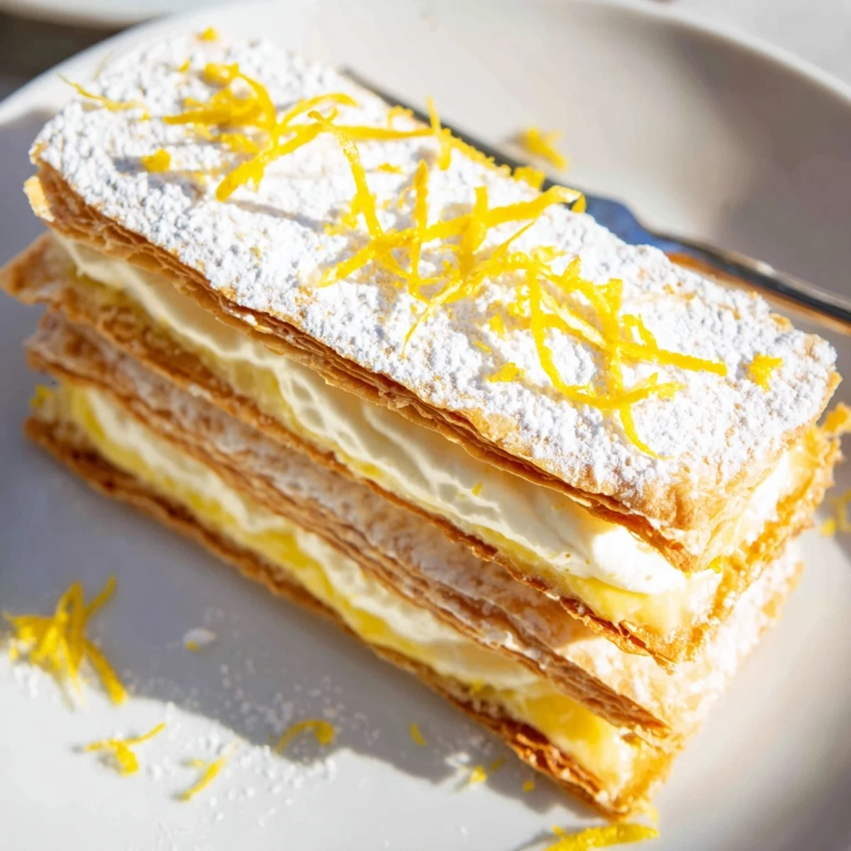 Golden layers of lemon ricotta puff pastry mille feuille dusted with powdered sugar on a white plate