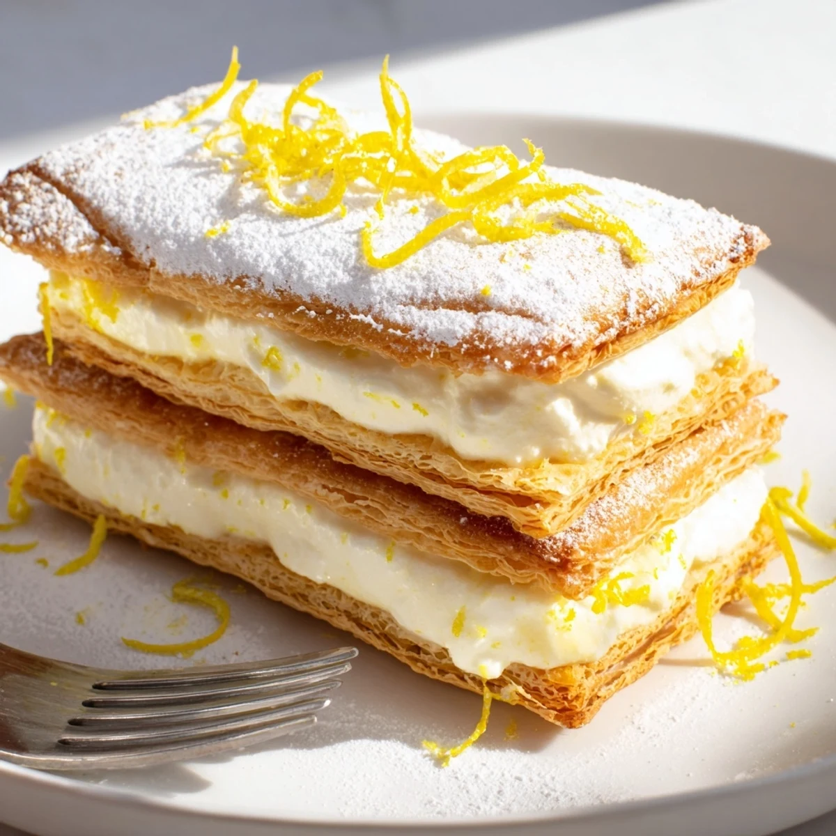 Crisp puff pastry mille feuille stacked with creamy lemon ricotta filling and bright citrus zest