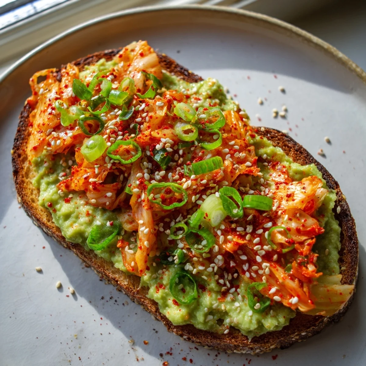 Creamy kimchi avocado toast on crispy sourdough topped with sesame seeds and scallions