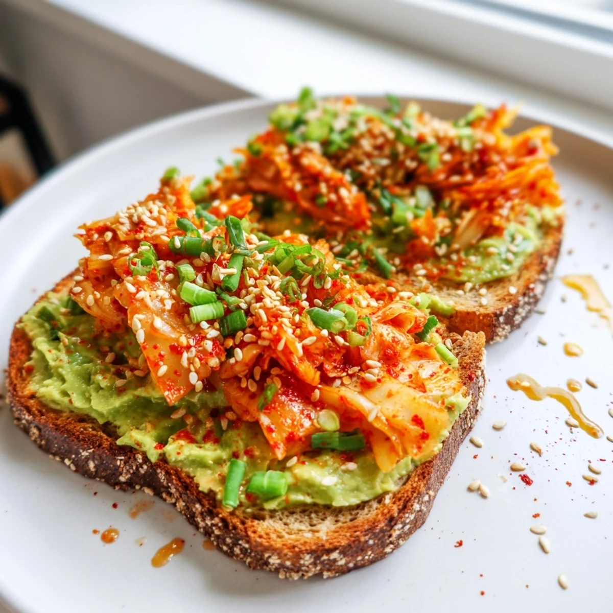 Spicy tangy kimchi piled over smooth avocado spread on golden toasted bread