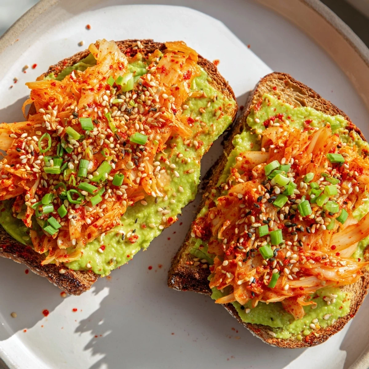 Golden brown toast layered with mashed avocado vibrant red kimchi and a sesame oil drizzle