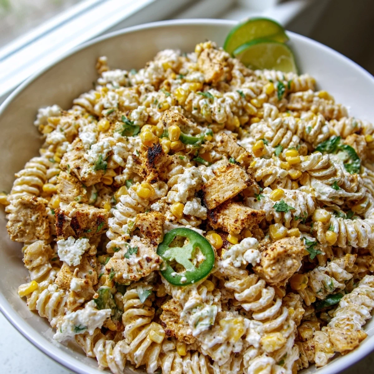 Creamy Mexican street corn chicken pasta salad topped with crushed tortilla chips and jalapeños