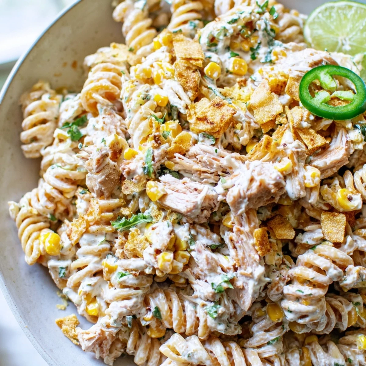 Golden charred corn and tender chicken in a zesty Mexican street corn pasta salad