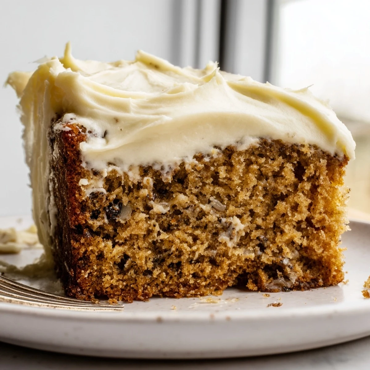 Brown Butter Banana Cake sliced thick with swirls of creamy frosting