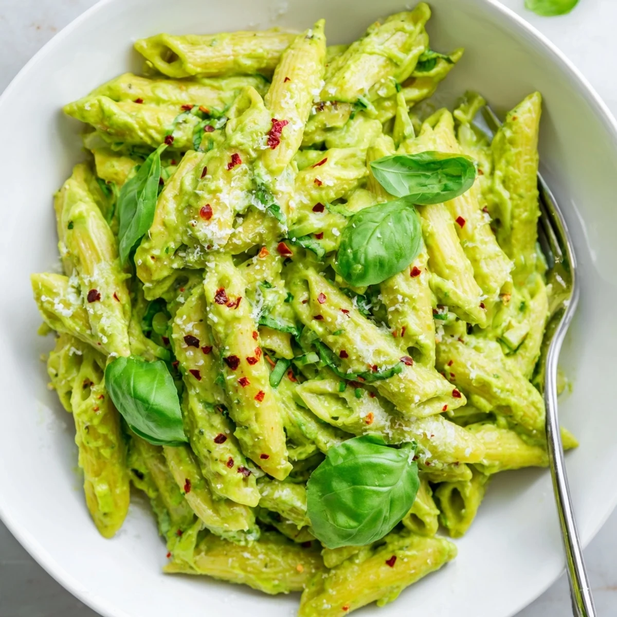 Creamy green goddess pasta sauce tossed with noodles and fresh basil