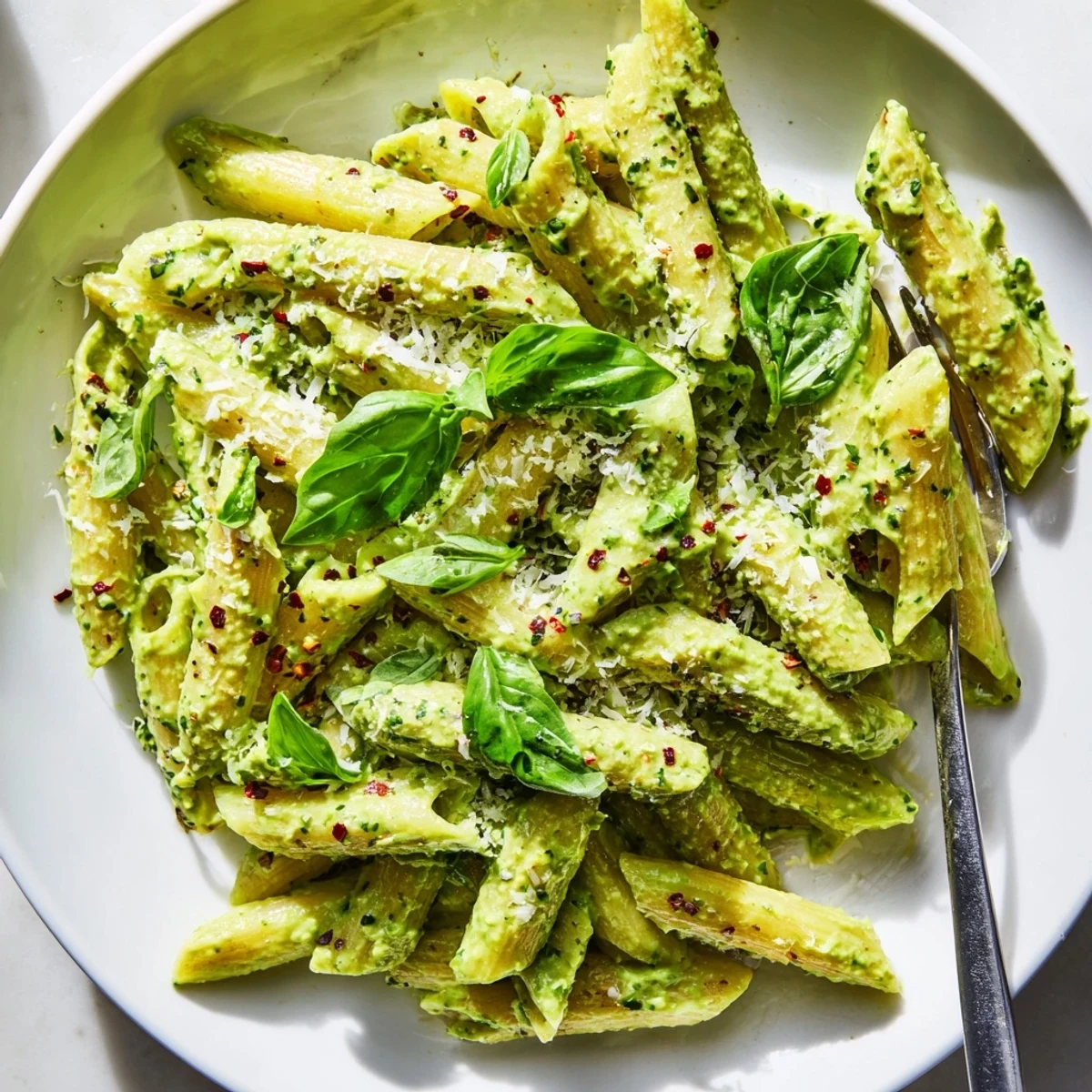 Vibrant green goddess pasta sauce coated over penne on a white plate