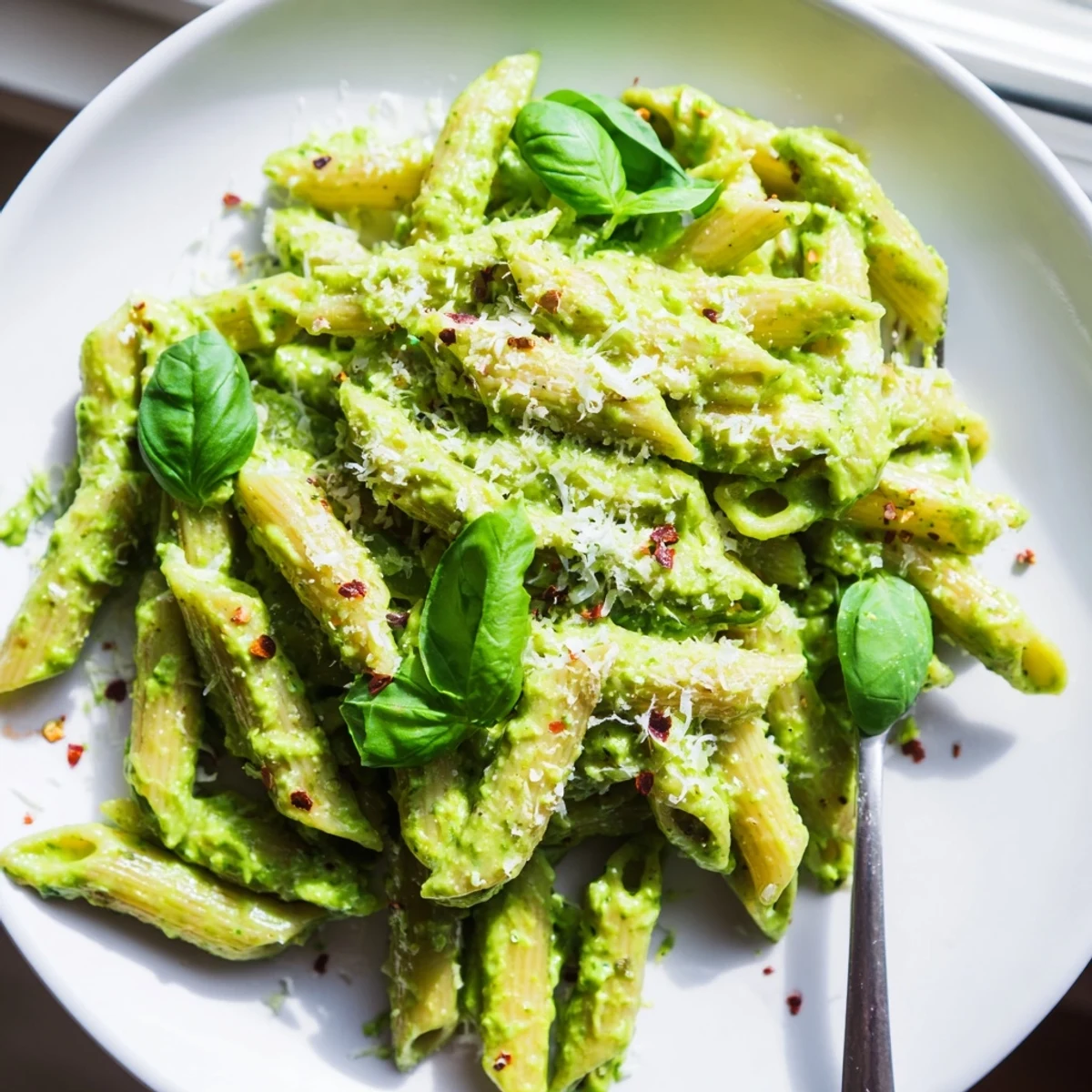 Smooth herbaceous green goddess pasta sauce garnished with parmesan and chili flakes