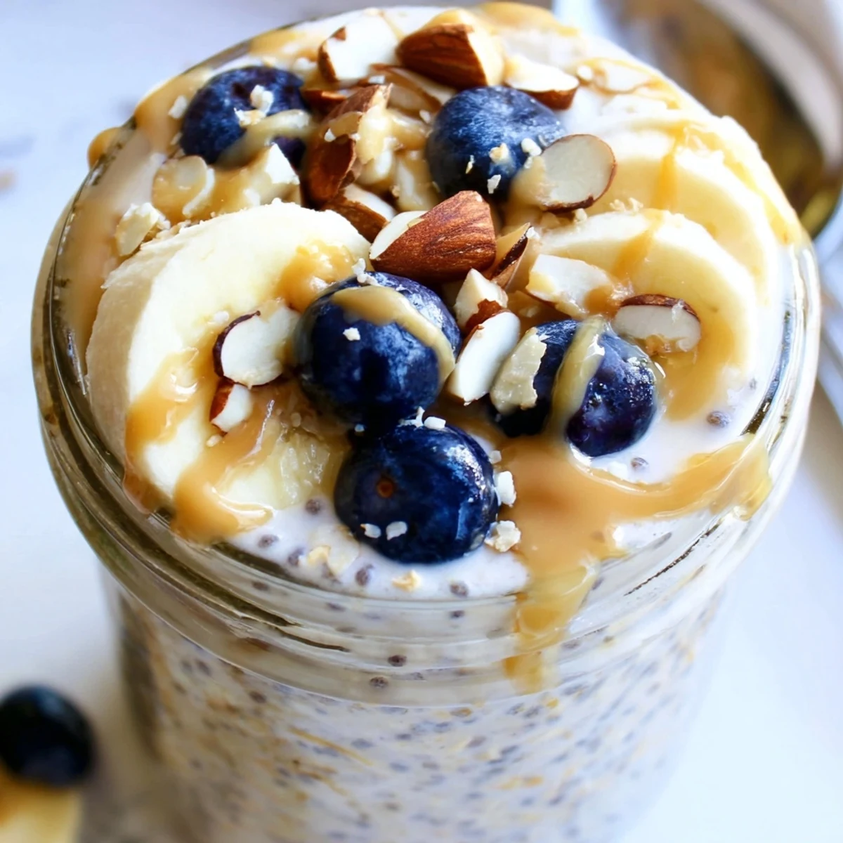 Creamy protein overnight oats topped with fresh berries in a glass jar