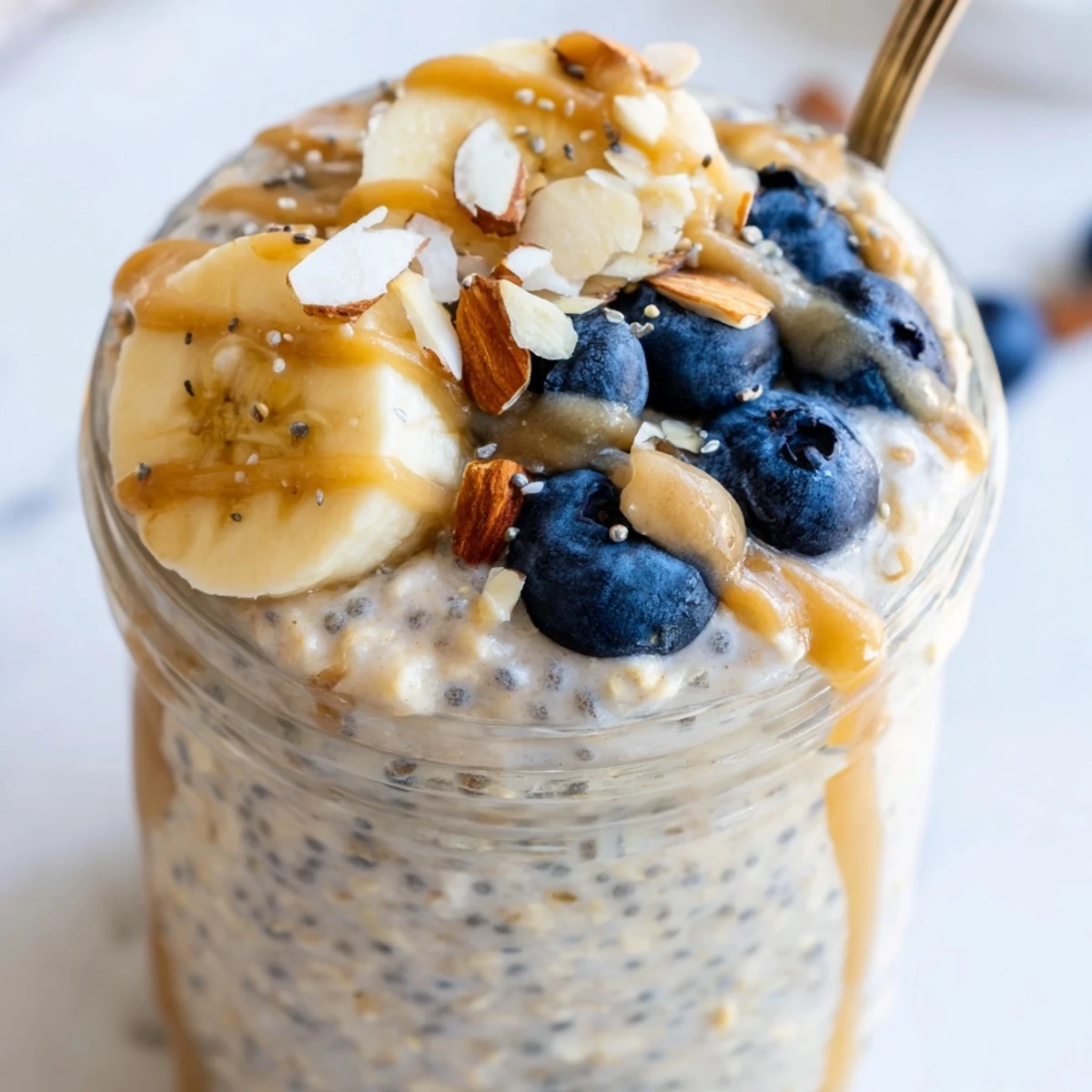 Thick protein overnight oats layered with banana slices and nut butter