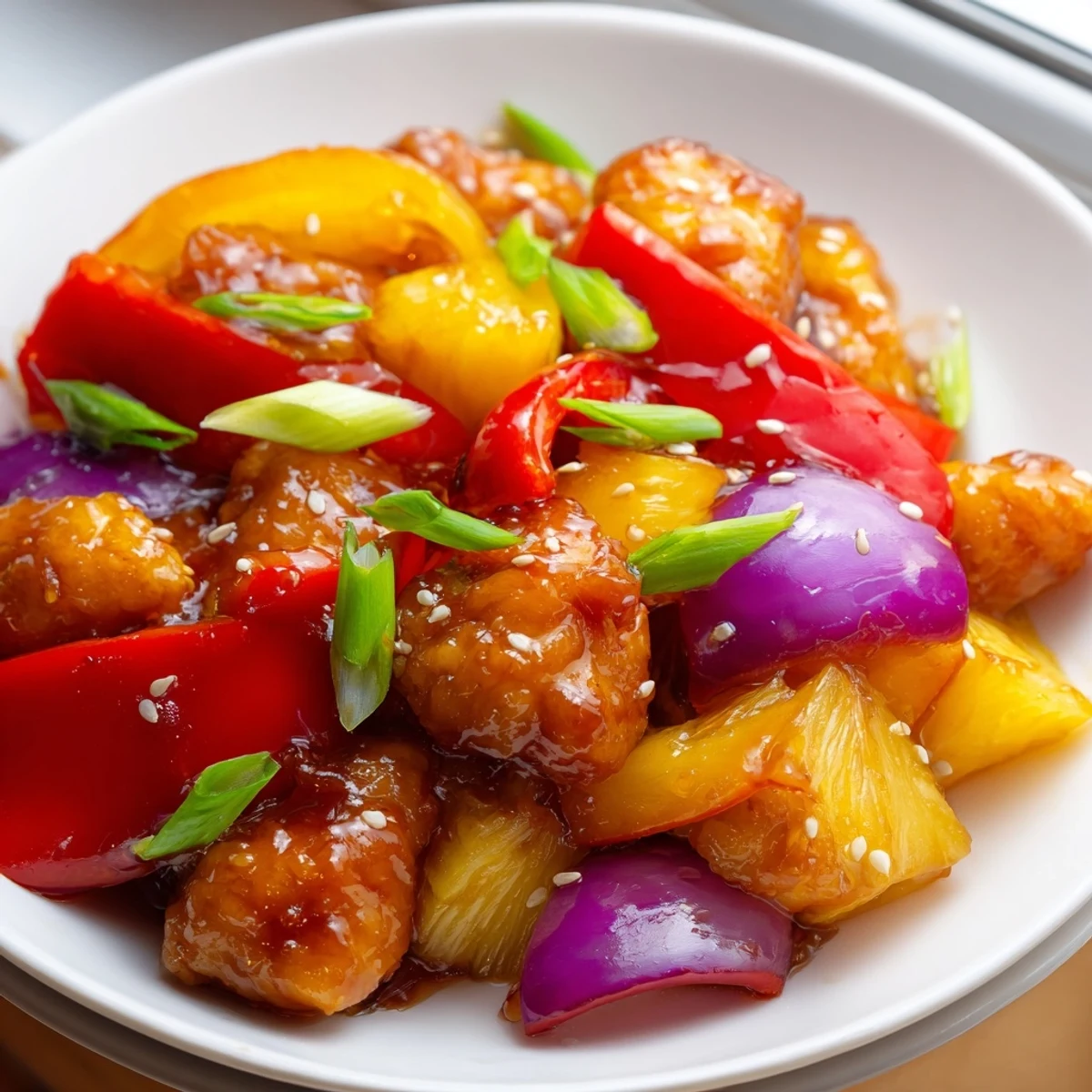 Golden Hawaiian chicken thighs coated in thick pineapple soy glaze with sautéed peppers