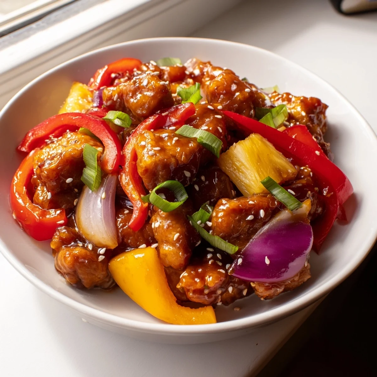 Hawaiian chicken sizzling in sticky sweet pineapple sauce alongside crisp bell peppers and onions